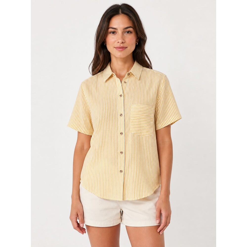 Onia Air Linen Striped Short Sleeve Button Shirt Burnt Sun White XS NWT